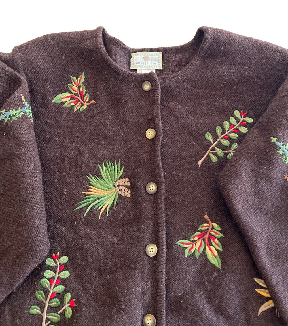 Susan Bristol Wool Cardigan Size Large BROWN Embroidered Christmas Holiday Vtg